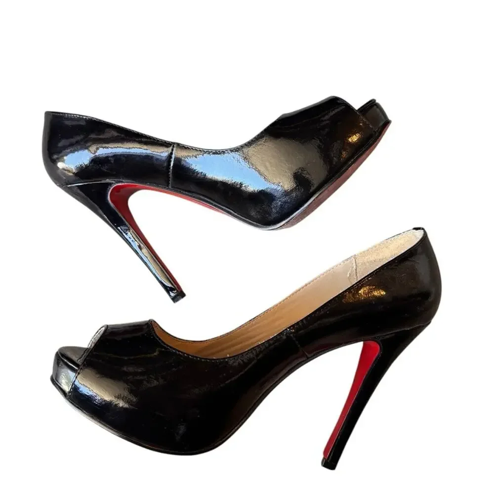 Christian Louboutin - Black Patent Peep-Toe Stiletto Heels Red Soles Sz 37